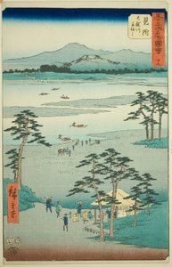 Mitsuke: Prom na rzece Tenryu (Mitsuke, Tenryugawa funewatashi), nr 29 z serii „Słynne zabytki pięćdziesięciu trzech stacji (Gojusan tsugi meisho zue),” znany również jako Vertical Tokaido autorstwa Utagawa Hiroshige