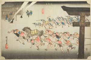 Miya: Festiwal religijny w świątyni Atsuta (Miya, Atsuta shinji), z serii „Pięćdziesiąt trzy stacje Tokaido (Tokaido gojusan tsugi no uchi),” znany również jako Hoeido Tokaido autorstwa Utagawa Hiroshige