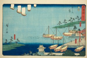 Miya: Przeprawa promowa Shichiri, Brama do Sanktuarium Atsuta i Wioska Nezame (Miya, Shichiri no watashi, Atsuta no torii, Nezame no sato) — nr 42 z serii „Pięćdziesiąt trzy stacje Tokaido (Tokaido gojusan tsugi )”, znany również jako Reisho Tokaid autorstwa Utagawa Hiroshige