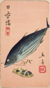 Morning Market at Nihon Bridge (Nihonbashi, asaichi), section of a sheet from the series "Cutouts of Famous Places in Edo (Harimaze Koto meisho)" autorstwa Utagawa Hiroshige