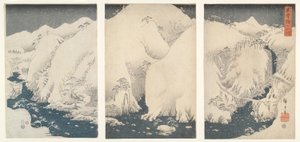 Góry i rzeki wzdłuż autostrady Kiso pod śniegiem autorstwa Utagawa Hiroshige