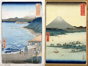 Góry i wybrzeże, dwa widoki z „36 widoków na Fudżi”, wyd. Kosheihei, 1853, (kolorowy drzeworyt)