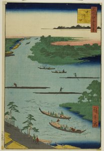 Ujście rzeki Nakawaga (Nakagawaguchi), z serii "Sto słynnych widoków Edo (Meisho Edo hyakkei)". autorstwa Utagawa Hiroshige