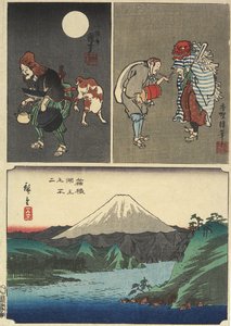 Góra Fuji widziana nad jeziorem w Hakone i 2 inne obrazy, wrzesień 1858 r.