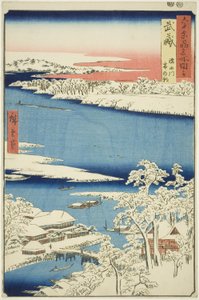 Prowincja Musashi: Poranek po śniegu nad rzeką Sumida (Musashi, Sumidagawa yuki no ashita), z serii „Słynne miejsca w sześćdziesięciu nieparzystych prowincjach (Rokujuyoshu meisho zue)” autorstwa Utagawa Hiroshige