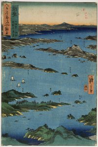 Prowincja Mutsu: Sceneria w Matsushima, z serii „Ilustracje słynnych miejsc w sześćdziesięciu nieparzystych prowincjach”, 1853 (kolorowy drzeworyt)