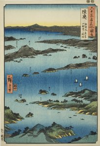 Prowincja Mutsu: Widok Matsushimy z odległą perspektywą góry Tomi (Mutsu, Matsushima fukei Tomiyama chobo no ryakuzu), z serii „Słynne miejsca w sześćdziesięciu nieparzystych prowincjach (Rokujuyoshu meisho zue)” autorstwa Utagawa Hiroshige
