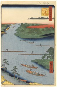 Ujście rzeki Nakagawa, nr 70 ze stu słynnych widoków Edo, 1857 (drzewnictwo) autorstwa Utagawa Hiroshige
