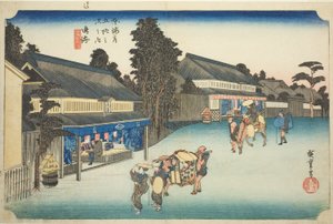 Narumi: Słynne barwione tkaniny Arimatsu (Narumi, meibutsu Arimatsu shibori), z serii „Pięćdziesiąt trzy stacje Tokaido (Tokaido gojusan tsugi no uchi)”, znane również jako Hoeido Tokaido autorstwa Utagawa Hiroshige
