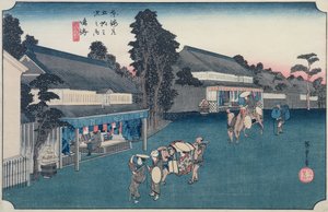 Narumis: vietinė audinių Arimatsu Shibori parduotuvė, iš serijos „Penkiasdešimt trys Tokaido stotys“, apie 1834–1835 m. (spalvotas medžio bloko spaudinys)