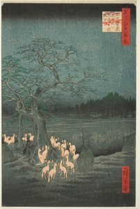Lis sylwestrowy podpala zmieniające się drzewo (Ōji shozoku enoki omisoka no kitsunebi), z serialu Sto słynnych widoków Edo (Meisho Edo hyakkei) autorstwa Utagawa Hiroshige