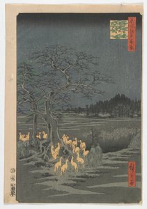 Sylwestrowe ognie przy zmieniającym się drzewie, okres Edo, 1857 (kolorowa odbitka drzeworytnicza)