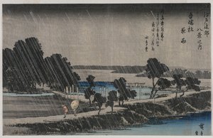 Nocny deszcz w świątyni Azuma (z serii Osiem widoków na okolice Edo) autorstwa Utagawa Hiroshige