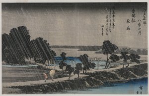 Nocny deszcz w świątyni Azuma z serii Osiem widoków na okolice Edo, połowa lat 30. XIX wieku. autorstwa Utagawa Hiroshige