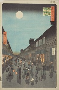 Nocny widok Saruwaka-machi (Saruwaka-machi yoru no kei), nr 90 z serii "Sto słynnych widoków Edo (Meisho Edo hyakkei)". autorstwa Utagawa Hiroshige
