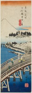 Most Nihon widziany w śniegu (Nihonbashi setchu no kei), z serialu „Słynne widoki we wschodniej stolicy (Toto meisho)” autorstwa Utagawa Hiroshige