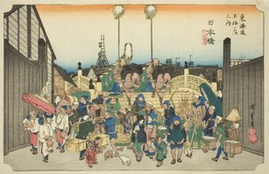 Nihonbashi: Odchodząca procesja (Nihonbashi, gyoretsu furidashi), z serii „Pięćdziesiąt trzy stacje na Tokaido Road (Tokaido gojusan tsugi no uchi),” znana również jako Hoeido Tokaido autorstwa Utagawa Hiroshige