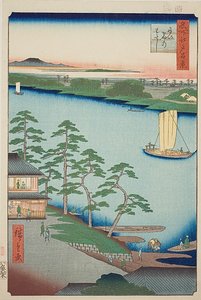 Prom Niijuku (Niijuku no watashi), nr 93 z serii "Sto słynnych widoków Edo (Meisho Edo hyakkei)". autorstwa Utagawa Hiroshige