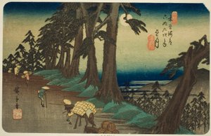 z. 26: Mochizuki, z te serie s "shi x ty ne st ta on s te kisokaid (kisokaido rokujukyu tsugi no uchi)" autorstwa Utagawa Hiroshige