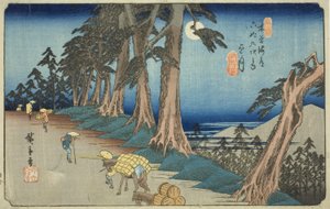z. 26: Mochizuki, z te serie s "shi x ty ne st ta on s te kisokaid (kisokaido rokujukyu tsugi no uchi)" autorstwa Utagawa Hiroshige