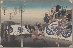 Nr 48 „Seki: Wczesny wyjazd z Honjin” z 53 stacji Tokaido, ok. 1834