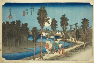 Numazu — Zmierzch (Numazu — tasogare zu), z serii Pięćdziesiąt trzy stacje na drodze Tōkaidō (Tōkaidō gojūsan tsugi no uchi) autorstwa Utagawa Hiroshige