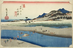 Odawara: Rzeka Sakawa (Odawara, Sakawagawa), z serii „Pięćdziesiąt trzy stacje drogi Tokaido (Tokaido gojusan tsugi no uchi),” znana również jako Hoeido Tokaido autorstwa Utagawa Hiroshige