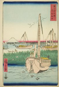 Poza wyspą Tsukuda we wschodniej stolicy (Toto Tsukuda oki), z serii „Trzydzieści sześć widoków na górę Fuji (Fuji sanjurokkei)” autorstwa Utagawa Hiroshige