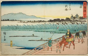 Okazaki: rzeka Yahagi (Okazaki, Yahagigawa) — nr 39 z serii „Pięćdziesiąt trzy stacje Tokaido (Tokaido gojusan tsugi),” znana również jako Reisho Tokaido autorstwa Utagawa Hiroshige