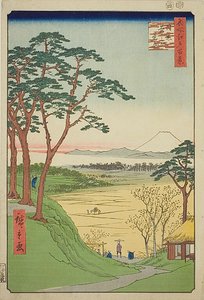 Herbaciarnia starego człowieka, Meguro (Meguro Jijigachaya), nr 84 z serii "Sto słynnych widoków Edo (Meisho Edo hyakkei)". autorstwa Utagawa Hiroshige