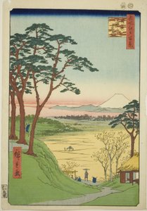 Herbaciarnia starego człowieka, Meguro (Meguro Jijigachaya), z serii "Sto słynnych widoków Edo (Meisho Edo hyakkei)". autorstwa Utagawa Hiroshige