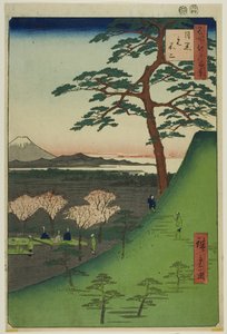Oryginalne zdjęcie Fuji, Meguro (Meguro Moto-Fuji), z serii "Sto słynnych widoków Edo (Meisho Edo hyakkei)". autorstwa Utagawa Hiroshige