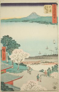 Otsu: Odległy widok na Otsu i jezioro z Kannon Hall w Świątyni Mii (Otsu, Miidera Kannondo Yori Otsu No Machi Kosui Chobo), nr. 54 z serii „Słynne zabytki pięćdziesięciu trzech stacji (Gojusan Tsugi Meisho Zue),” znanej również jako Vertical To autorstwa Utagawa Hiroshige