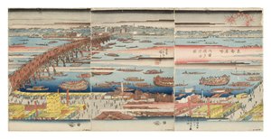 Panoramiczny widok na most Ryogoku w letni wieczór, ok. 1832-34 (drzeworyt)