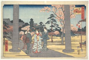 Osoby odwiedzające świątynię Hachiman: sto słynnych widoków Edo autorstwa Utagawa Hiroshige