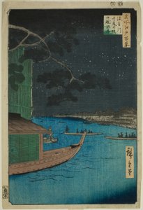Sosna Sukcesu i Oumayagashi nad rzeką Asakusa (Asakusagawa shubi no matsu Oumayagashi), z serii „Sto słynnych widoków Edo (Meisho Edo hyakkei)” autorstwa Utagawa Hiroshige