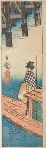 Statek wycieczkowy przy moście Ryogoku (Ryogoku suzumibune), fragment arkusza z serii „Wycinanki znanych miejsc w Edo (Harimaze Koto meisho)” autorstwa Utagawa Hiroshige