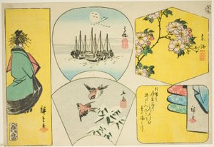 Gałązka śliwki, Susaki, kurtyzana, wróble i ubrania za parawanem autorstwa Utagawa Hiroshige