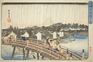 Rain at Nihonbashi Bridge (Nihonbashi no hakuu), from the series "Famous Places in the Eastern Capital (Toto meisho)" autorstwa Utagawa Hiroshige