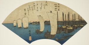 Powracające żagle w Tsukudajima (Tsukudajima kihan), z serii „Osiem widoków na wschodnią stolicę (Toto hakkei)” autorstwa Utagawa Hiroshige