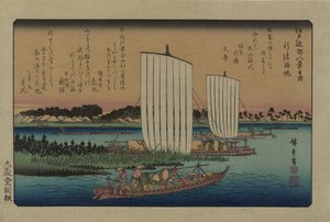Zwrot żagli w Gyotoku. Z serii Osiem widoków w okolicach Edo, 1838. autorstwa Utagawa Hiroshige