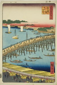 Ryogoku Bridge and the Great Riverbank (Ryogokubashi Okawabata), from the series "One Hundred Famous Views of Edo (Meisho Edo hyakkei)" autorstwa Utagawa Hiroshige