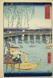 Most Ryogoku we wschodniej stolicy (Toto Ryogoku), z serii „Trzydzieści sześć widoków na górę Fuji (Fuji sanjurokkei)” autorstwa Utagawa Hiroshige