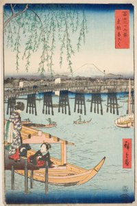 Most Ryogoku we wschodniej stolicy (Toto Ryogoku), z serii „Trzydzieści sześć widoków na górę Fuji (Fuji sanjurokkei)” autorstwa Utagawa Hiroshige