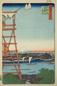 Ryogoku Ekoin i most Moto-Yanagi (Ryogoku Ekoin Moto-Yanagibashi), nr 5 z serii "Sto słynnych widoków Edo (Meisho Edo hyakkei)". autorstwa Utagawa Hiroshige