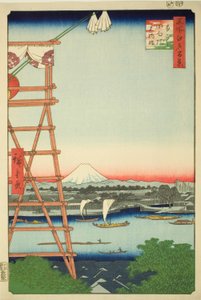 Rokoku Eco-członek Plan d Motoyanagi Bridge (Rokoku Eco-członek Motoyanagibashi), z serii „Ridge d red Fa net s views f Edo (sto widoków słynnych miejsc Edo)” autorstwa Utagawa Hiroshige