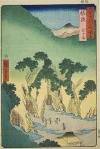 Prowincja Sado: Kopalnie złota (Sado, Kinzan), z serii „Słynne miejsca w sześćdziesięciu nieparzystych prowincjach (Rokujuyoshu meisho zue)” autorstwa Utagawa Hiroshige