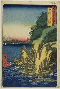 Prowincja Sagami: Wejście do jaskiń w Enoshimie (Sagami, Enoshima iwaya no kuchi), z serii "Słynne miejsca w sześćdziesięciu prowincjach (Rokujuyoshu meisho zue)". autorstwa Utagawa Hiroshige