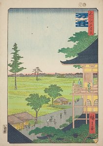Sazai Hall of the Five Hundred Rakan Temple (Gohyaku Rakan Sazaido), nr 66 z serii "One Hundred Famous Views of Edo (Meisho Edo hyakkei)". autorstwa Utagawa Hiroshige