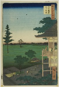 Sazai Hall of the Five Hundred Rakan Temple (Gohyaku Rakan Sazaido), z serii "One Hundred Famous Views of Edo (Meisho Edo hyakkei)". autorstwa Utagawa Hiroshige